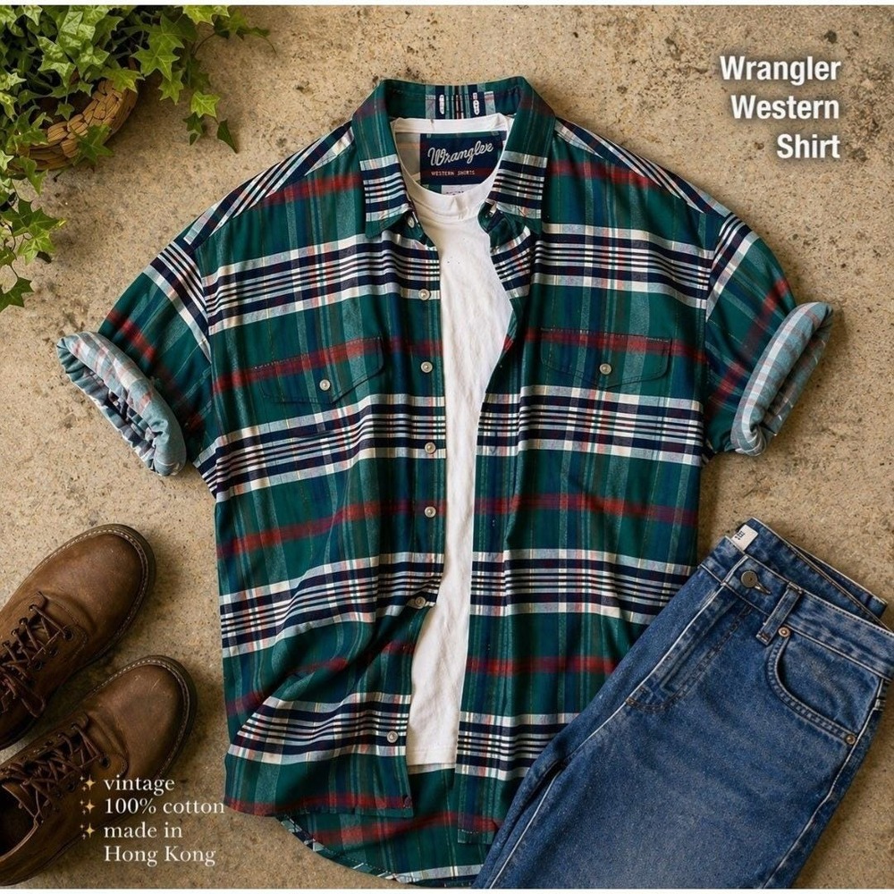 Wrangler Western Shirt Mens Large Green Plaid Short Sleeve Button Down Cotton